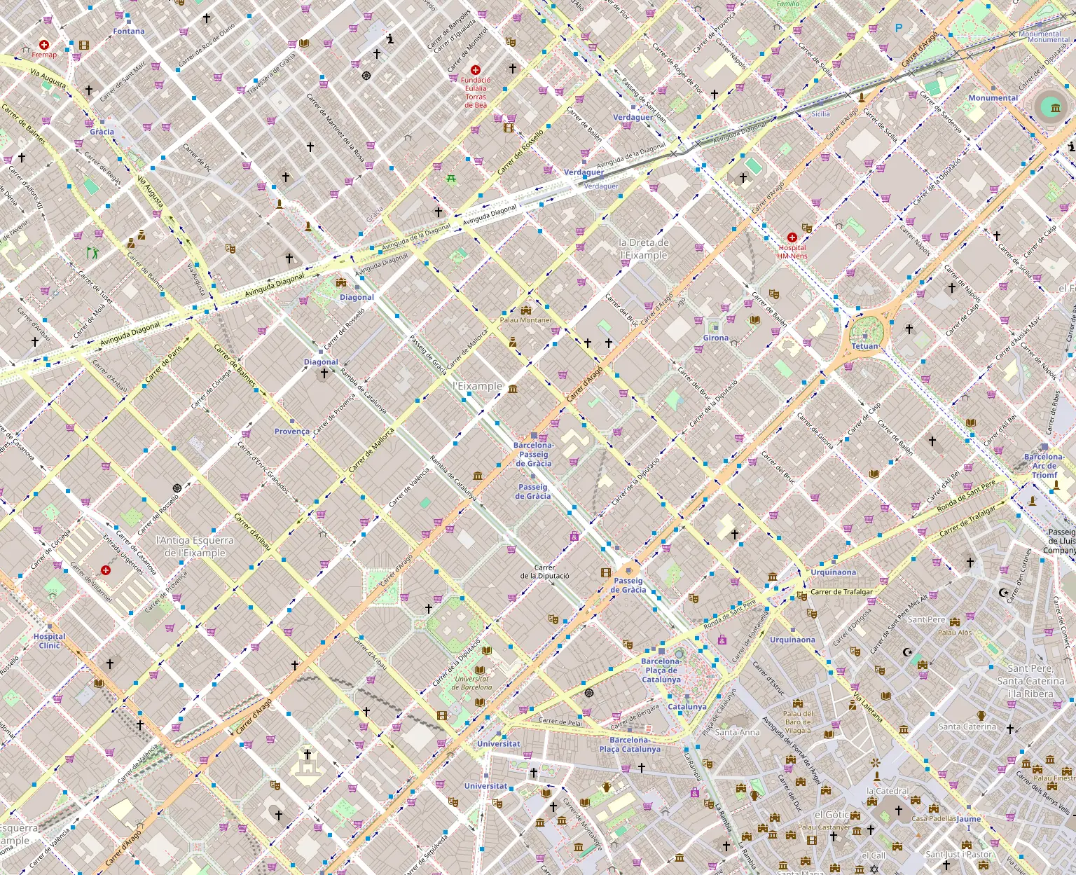 Map: Diagonal metro, Casa Milà, Casa Batlló, Passeig de Gràcia and Plaça Catalunya